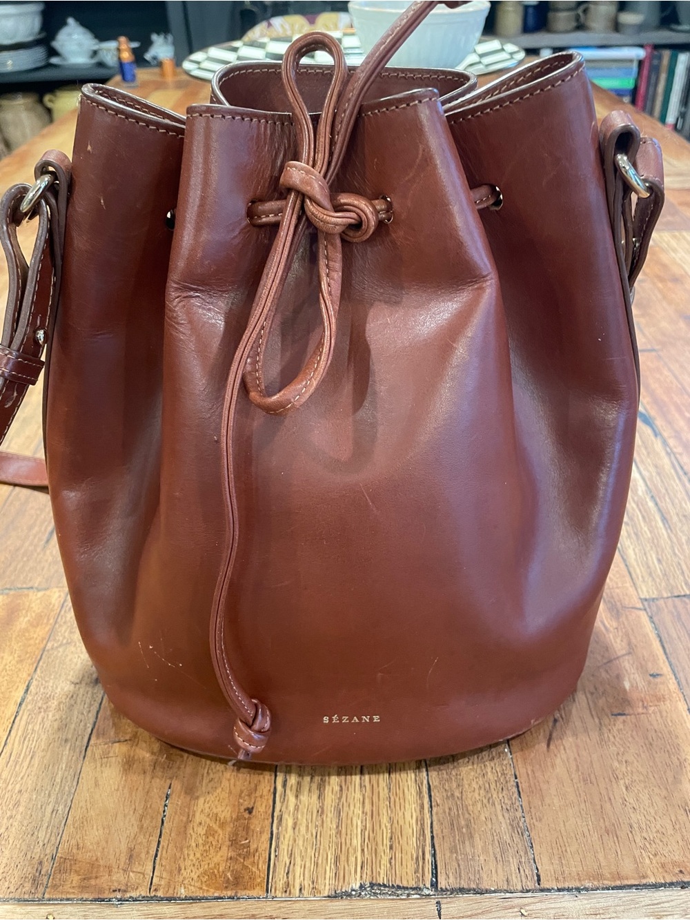 Sezane Brown Leather Drawstring Bucket Bag - Farrow